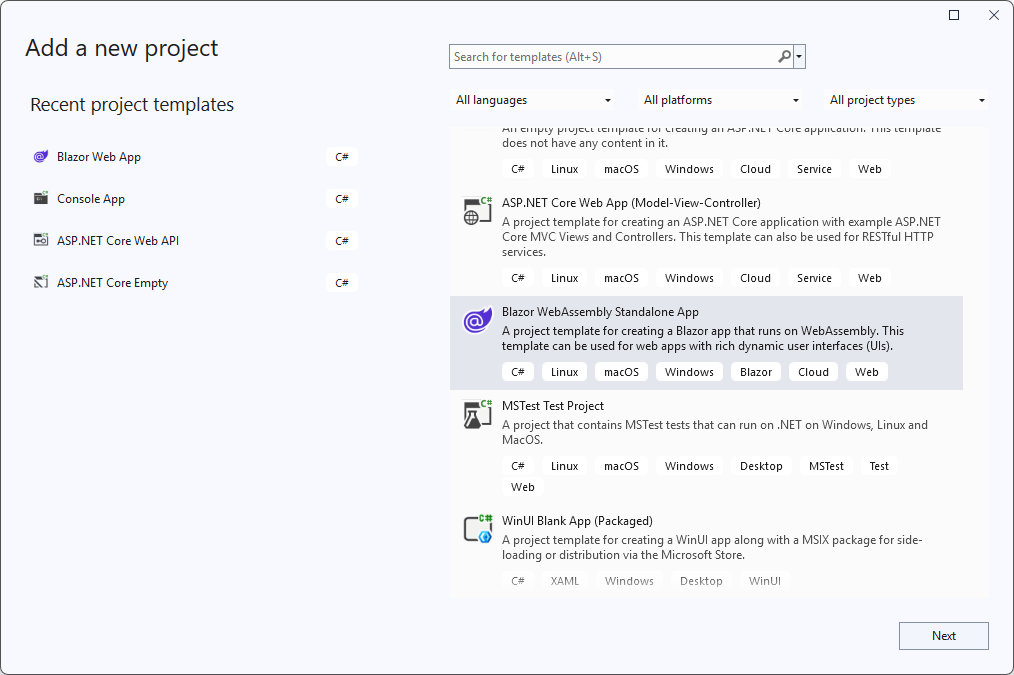 Blazor WebAssembly Standalone App Creation