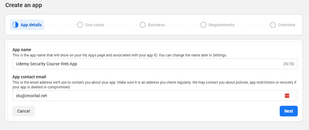 Facebook Create App Dialog