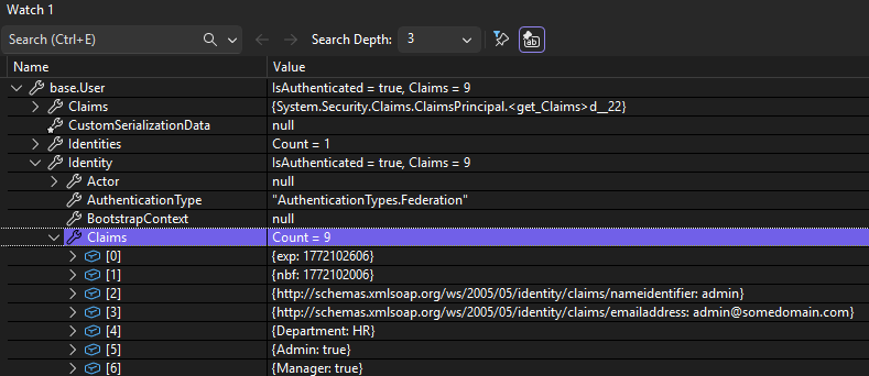 JWT Debugger Watch Window Claims List